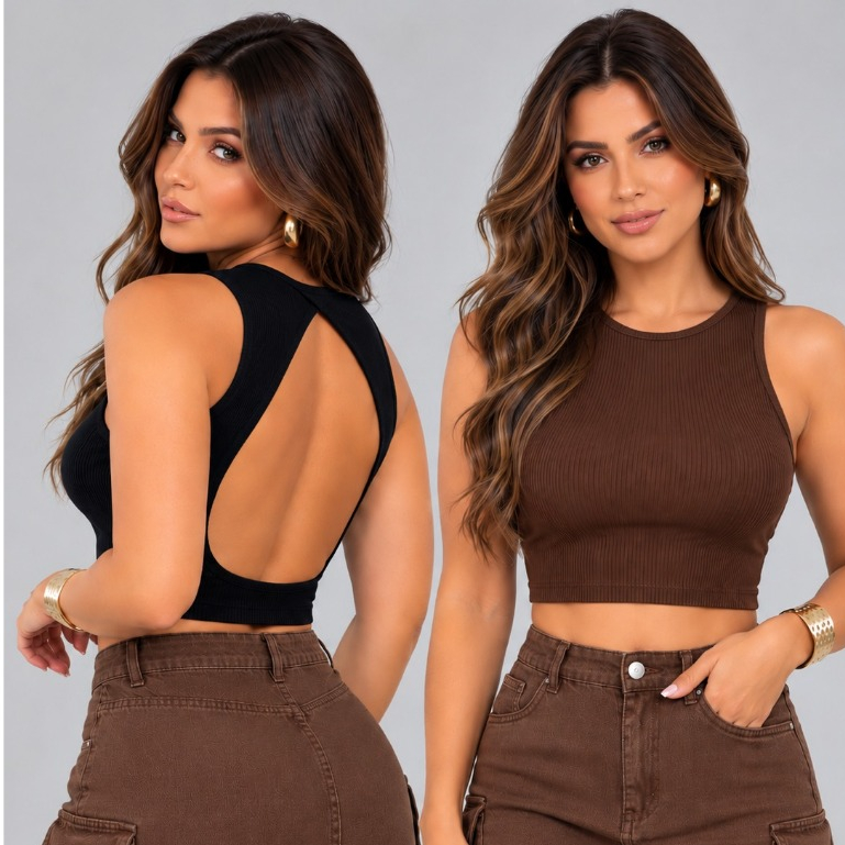 Kit 2 Cropped Feminino Regata Costas Nuas Canelado Com Bojo Gola Redonda Blogueira Lançamento