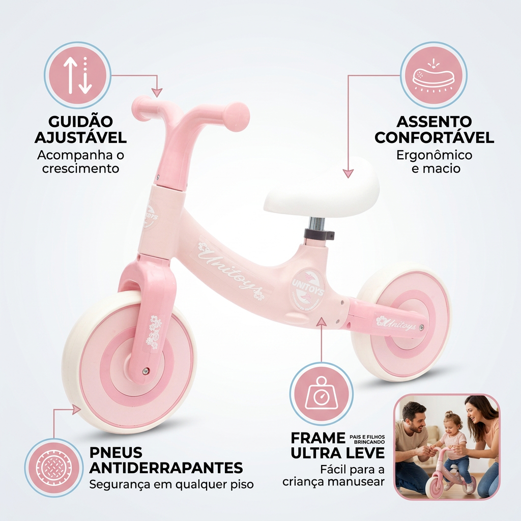 Bicicleta Equilíbrio Rosa Infantil SEM Pedal Balance Bike Criança Aprender Andar