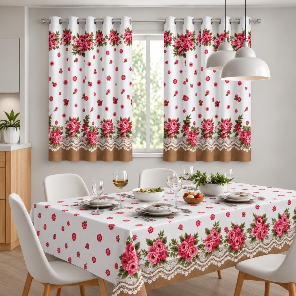 Kit Cortina 2,00 Para Cozinha + Toalha De Mesa Posta 4 e 6 Lugares - Kit Decorativo para Sala de Jantar, Cozinha e Casa