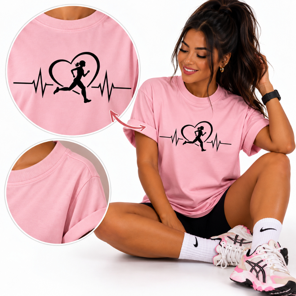 Camiseta Feminina Corrida Fitness Academia Running T-Shirt 100%Algodão Oversized Estampa Coração Corredora Treino Casual