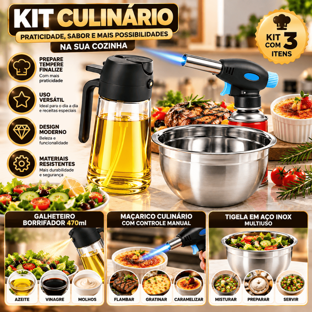 Kit Culinário Chef Cozinha Galheteiro 470 ml + Maçarico Culinário Azul + Tigela Bowl Inox 22 cm