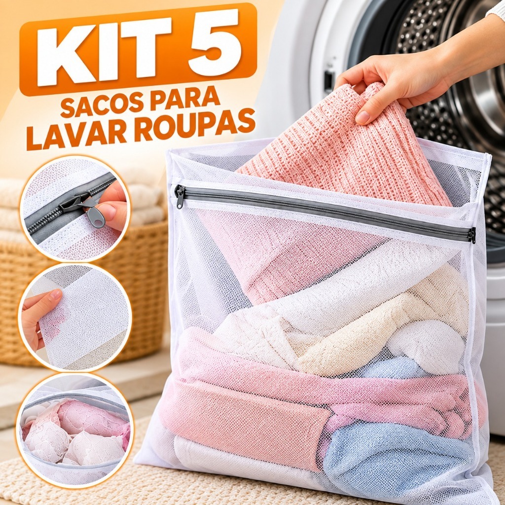 Kit 5 Sacos Para Lavar Roupa Delicada Na Máquina Com Zíper