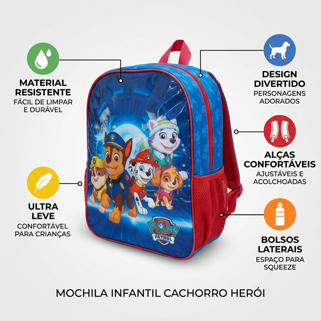 Mochila Infantil Cachorro Colorida Divertida Resistente Confortável Escola Passeio