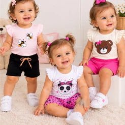 Conjunto Bebê Menina verão Bermuda e Blusa com manga franzida