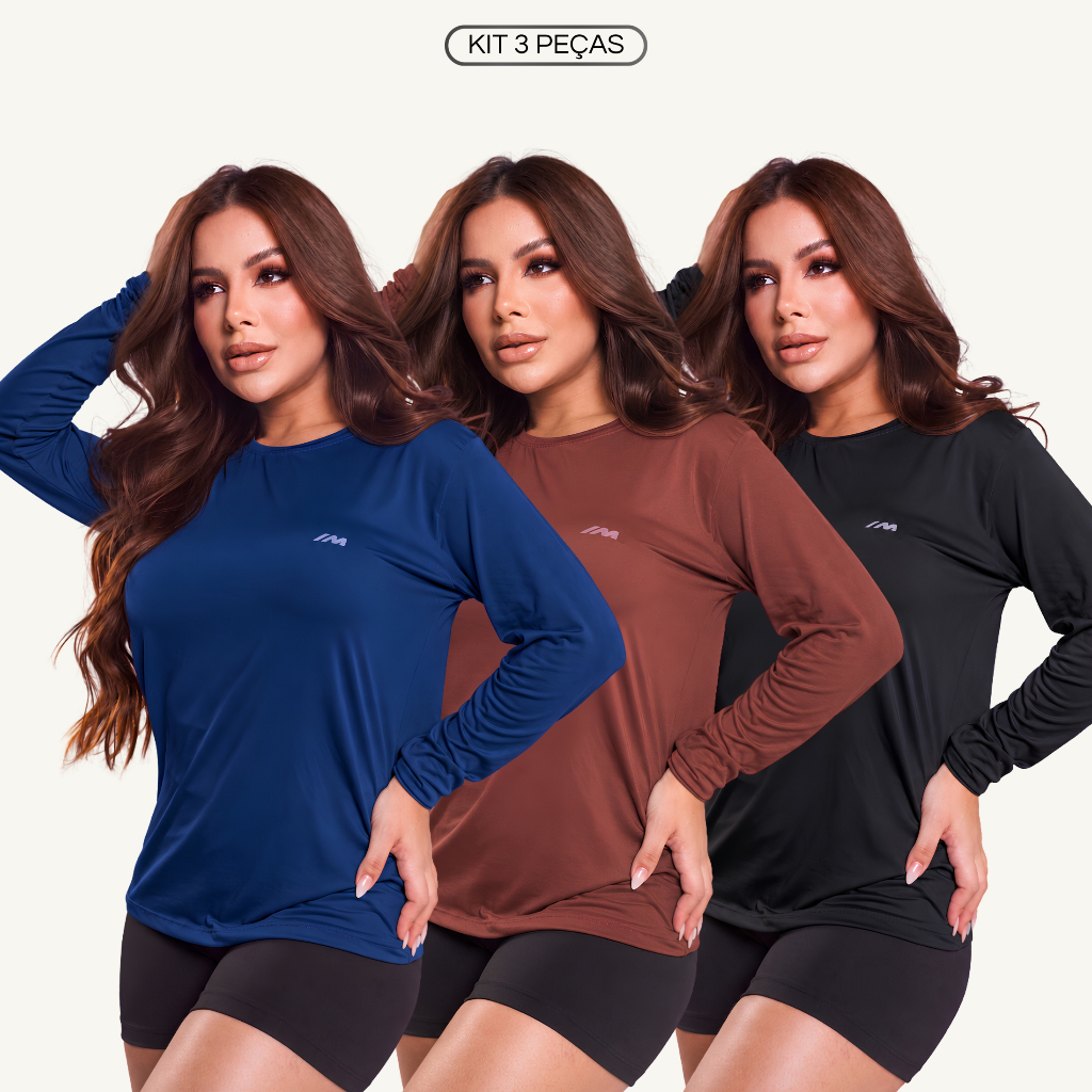 Kit 3 Camisa Uv Feminina Proteção Solar Térmica UV50+ Segunda Pele Camiseta Manga Longa Malha Fria Blusa Praia