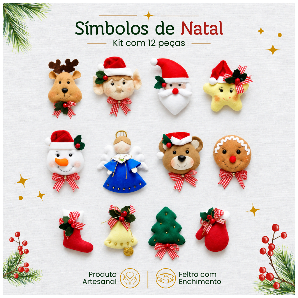 Pendentes Enfeites 12 peças Decoração Árvore de Natal Feltro com Enchimento Personalizado Premium