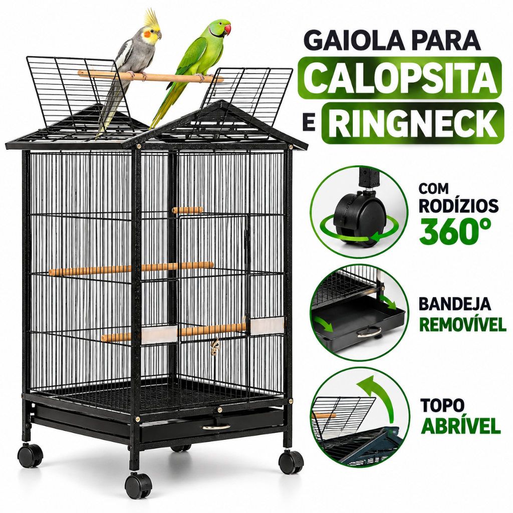 Viveiro Gaiola para Calopsita e Ringneck Aves Mansas Preta com Rodízios 360°