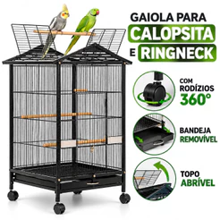 Viveiro Gaiola para Calopsita e Ringneck Aves Mansas Preta com Rodízios 360°