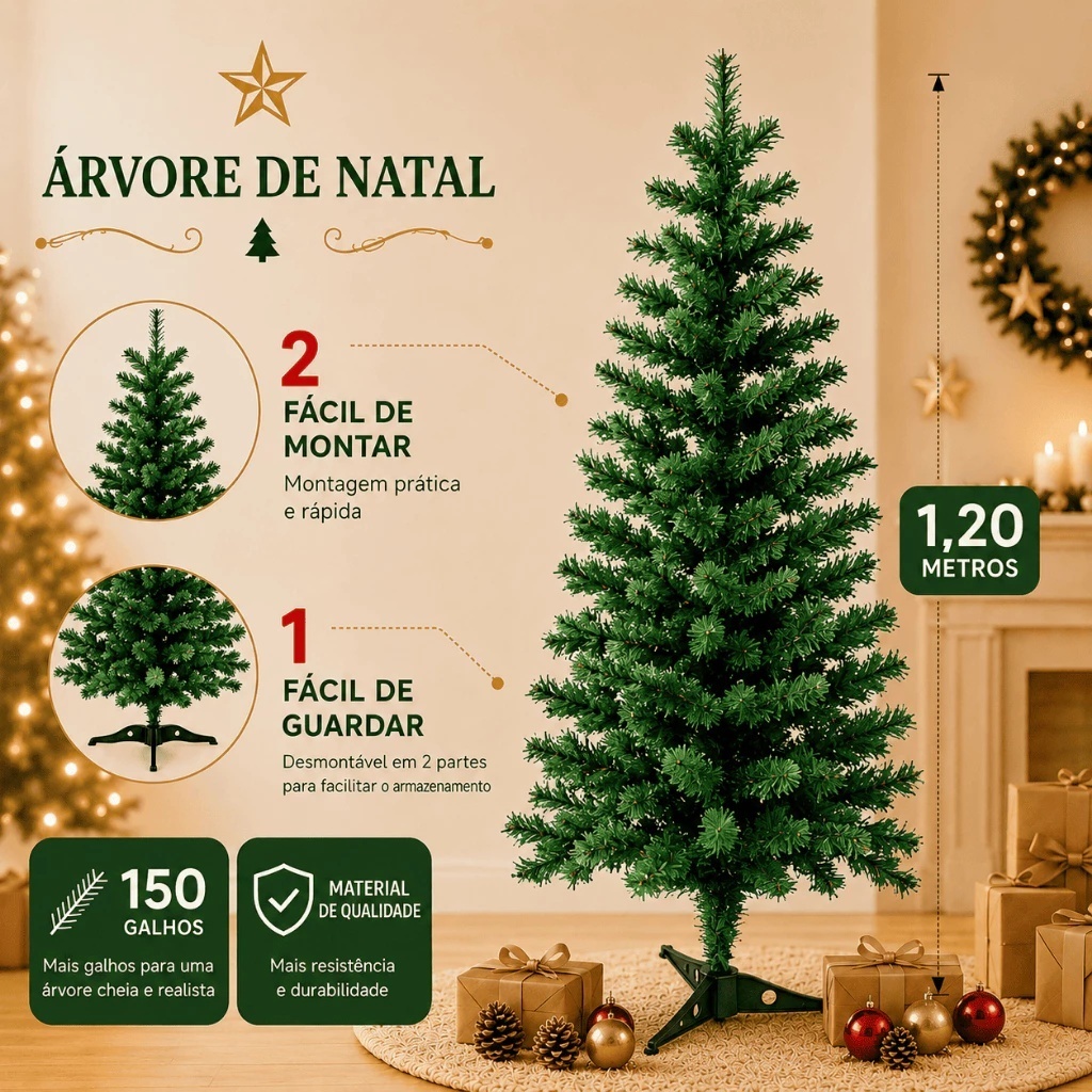 Árvore Natal Pinheiro Verde 1,20 Metros 110 Galhos Luxo Cheia
