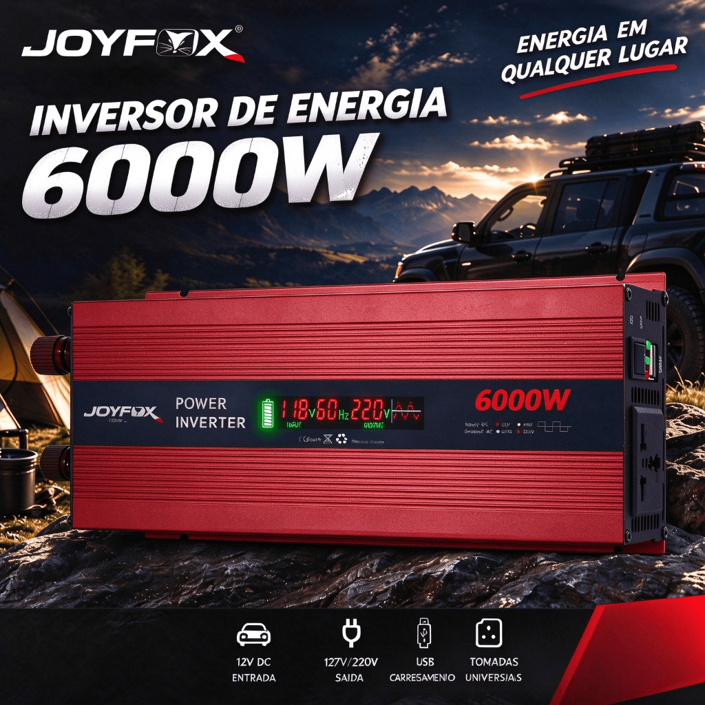 Inversor de Tensão JOYFOX 6000W 12V para 127V/220V com USB-A, USB-C e Display LCD para Carro, Camping e Uso Residencial