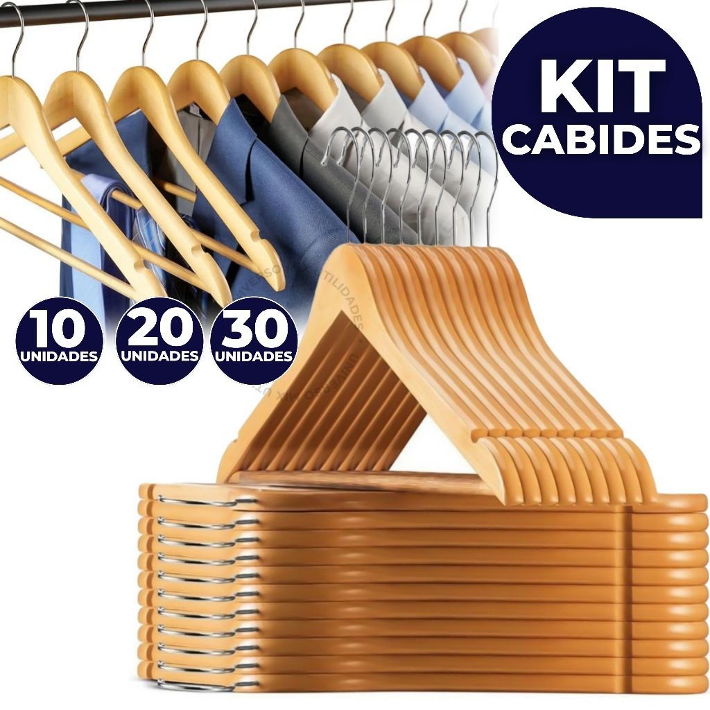 Kit Até 30 Cabides De Madeira Premium Marfim Para Roupas Calça Gancho Cromado