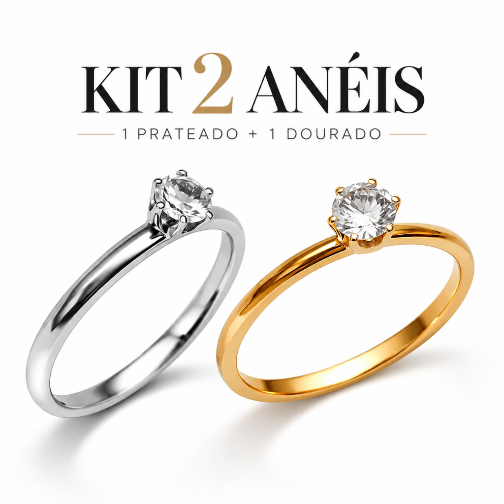 Kit 2 Anéis Solitários Femininos Aço Inox Prata e Dourado Elegantes Duráveis