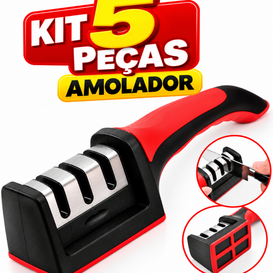 Afiador e Amolador de Facas e Tesouras 3 em 1 Profissional Vermelho para Cozinha Churrasco Inox