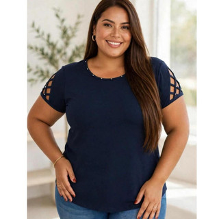 Blusa Feminina Plus Size Detalhes Na Manga e Gola Perolas