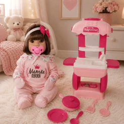 KIT Boneca Bebê Mamãe Reborn 45cm + Mini Cozinha
