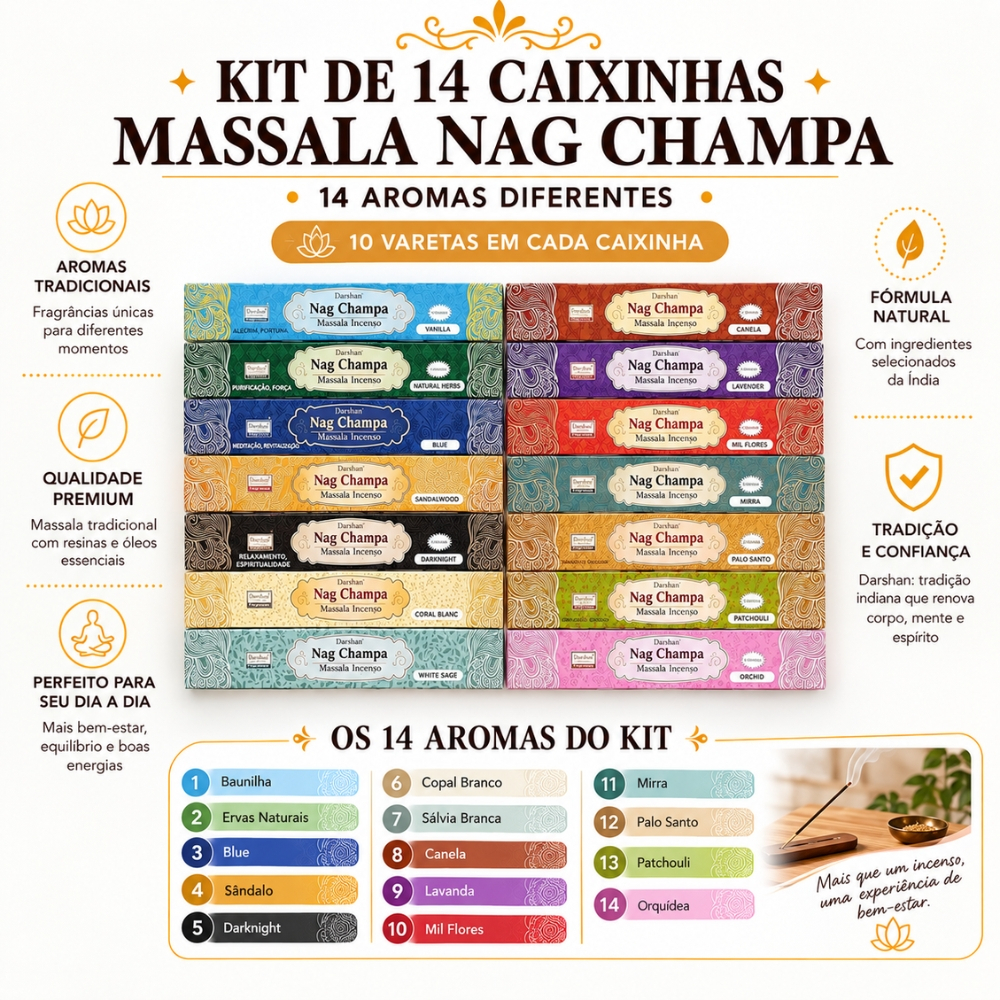 Incenso Sem Carvão Nag Champa Darshan 14 Caixinhas Linha Completa 140 Varetas Totais Aprox.