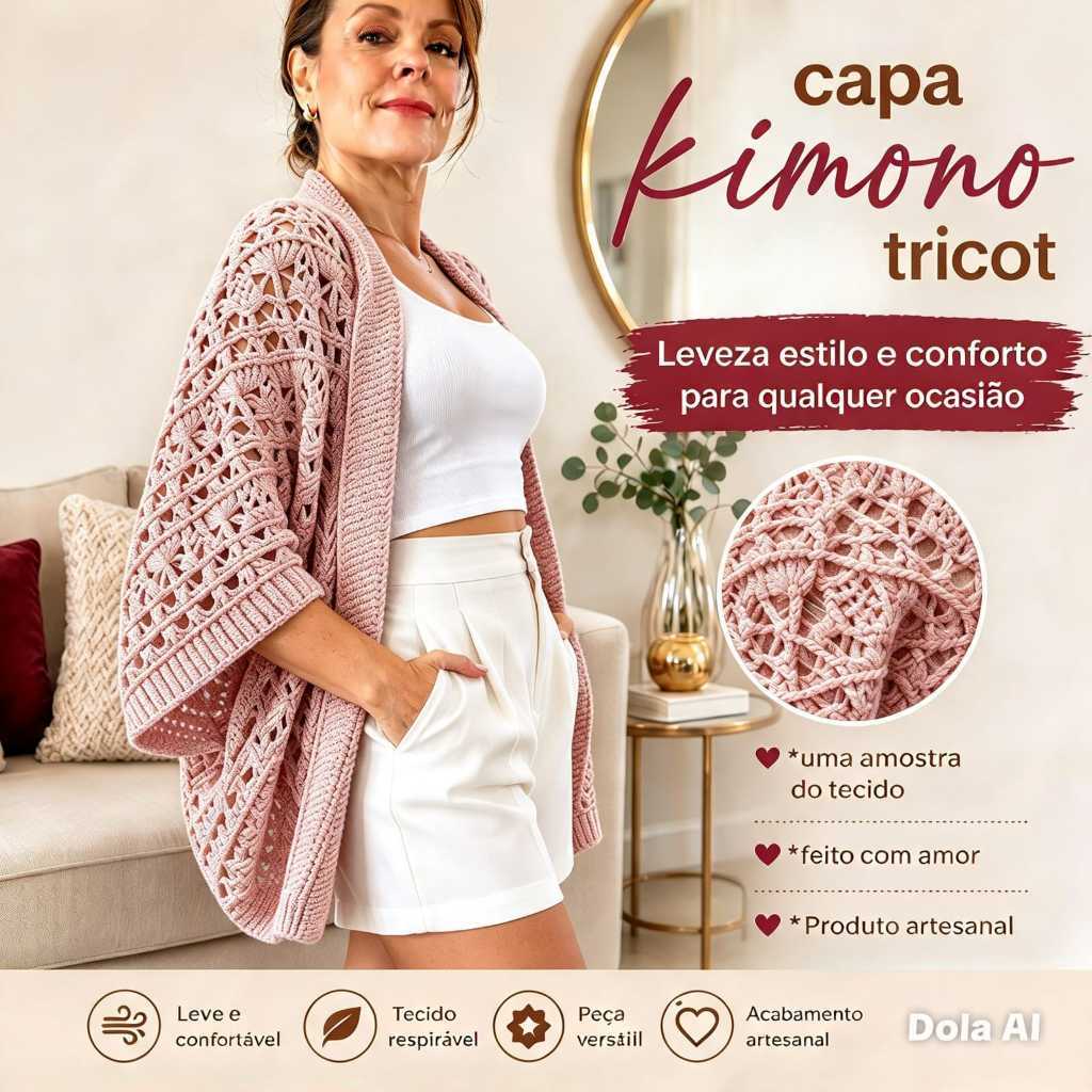 Nova Capa kimono rendada inverno tricot elegante único Plus Size e tamanho único