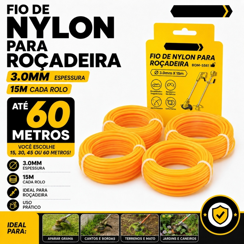 Fio De Nylon Para Roçadeira 3mm Redondo 15 30 45 e 60m Aparador Carretel Cortador de Grama Capim Jardim Refil Resistente