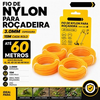 Fio De Nylon Para Roçadeira 3mm Redondo 15 30 45 e 60m Aparador Carretel Cortador de Grama Capim Jardim Refil Resistente