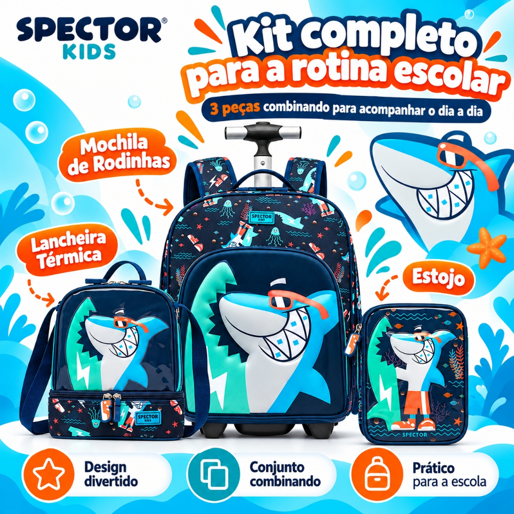 KIt Mochila Lancheira EstojoTubarão Menino Bolsa Escolar Rodinhas Spector