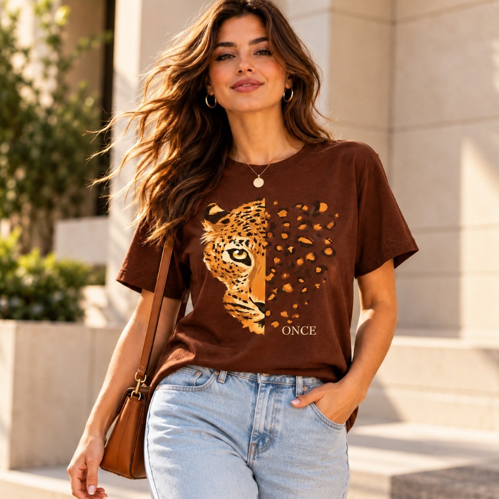 T-shirt Feminina 100% Algodão Estampa Tigre Onça Estilosa Confortável Moda Blogueira 2025
