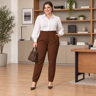Calça de Alfaiataria Feminina Social Plus Size com Bolsos e Zíper P ao G3