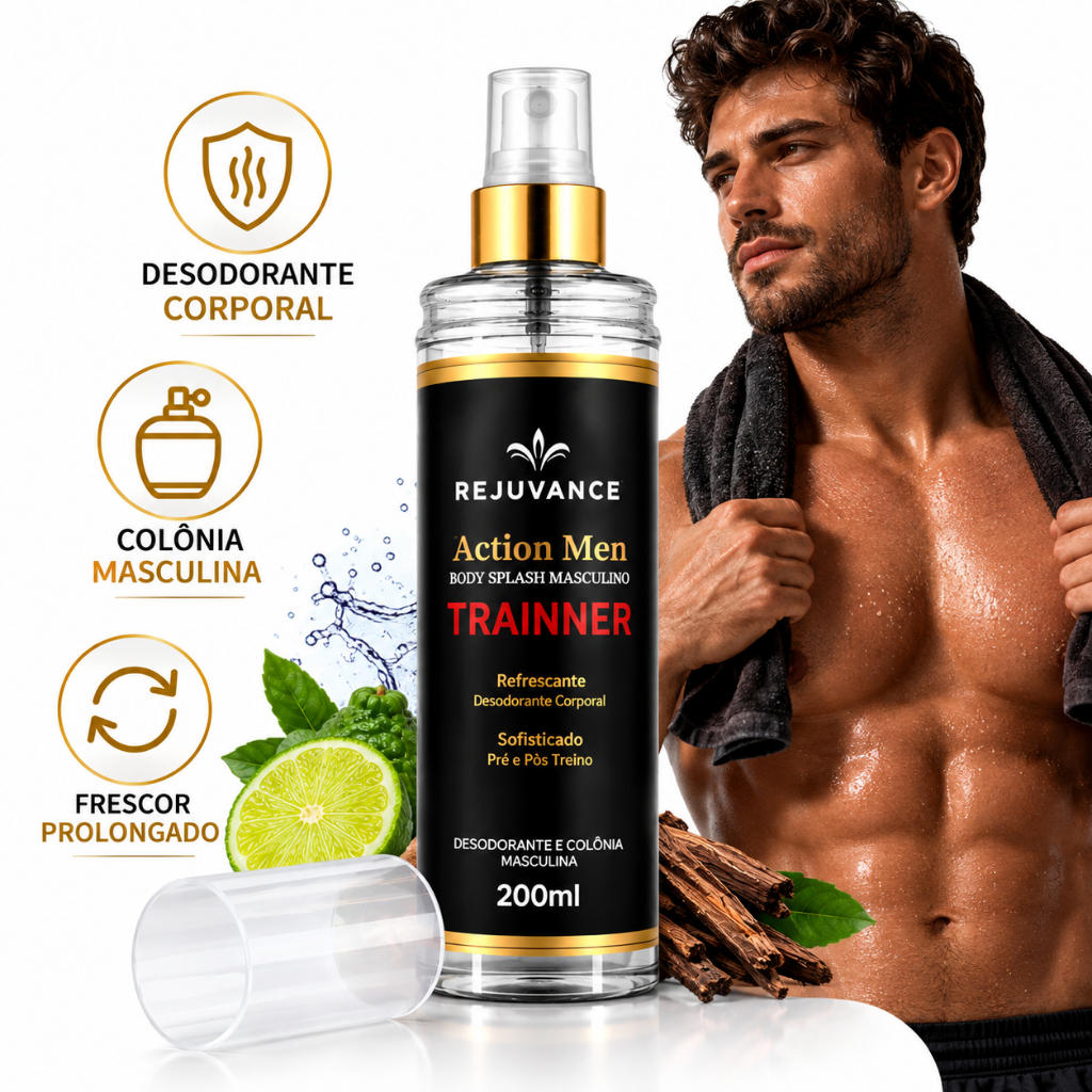 Body Splash Masculino 200ml – Desodorante e Colônia Corporal Pré e Pós-Treino Rejuvance Action Men Trainer