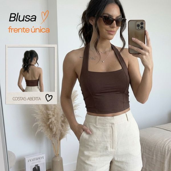Blusa feminina Antonella Top Halter Cropped Ajustado Frente Unica Costa Nua Verão Casual Moda Gringa