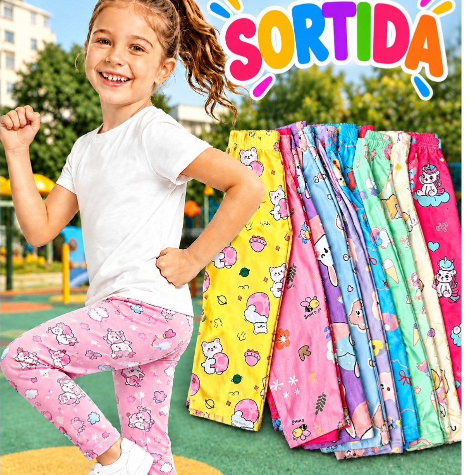 Calças Infantis Menina Estampadas Sortidas Confortáveis Pijama Moda Kids