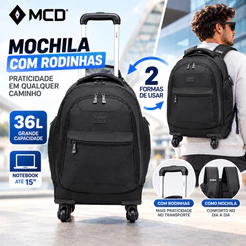Mochila MCD com Rodinhas Carrinho 36L para Notebook 15 Viagem Executiva Reforçada