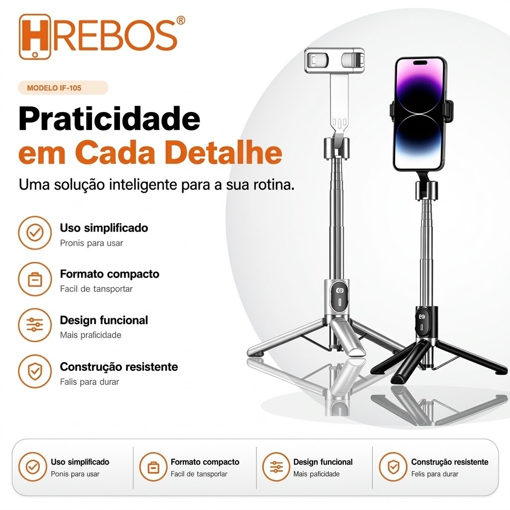 HREBOS Bastão de Selfie Mini Retrátil com Tripé, Controle Remoto Bluetooth, Compacto, Leve e Resistente para Celular Uso
