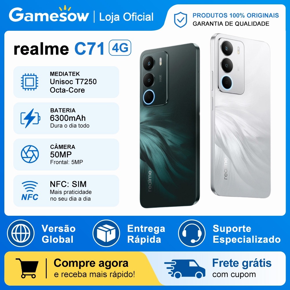 Realme C71 4G NFC Global | Bateria 6300mAh 45W, Tela 6,67" 120Hz, IP54, Câmera 50MP