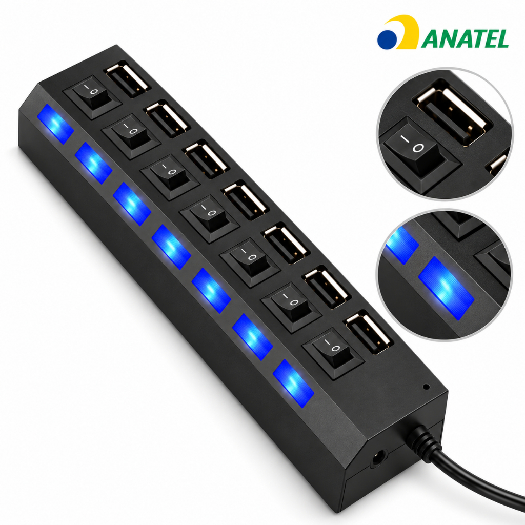 Hub USB 7 Portas com Interruptores Individuais LED Alta Velocidade