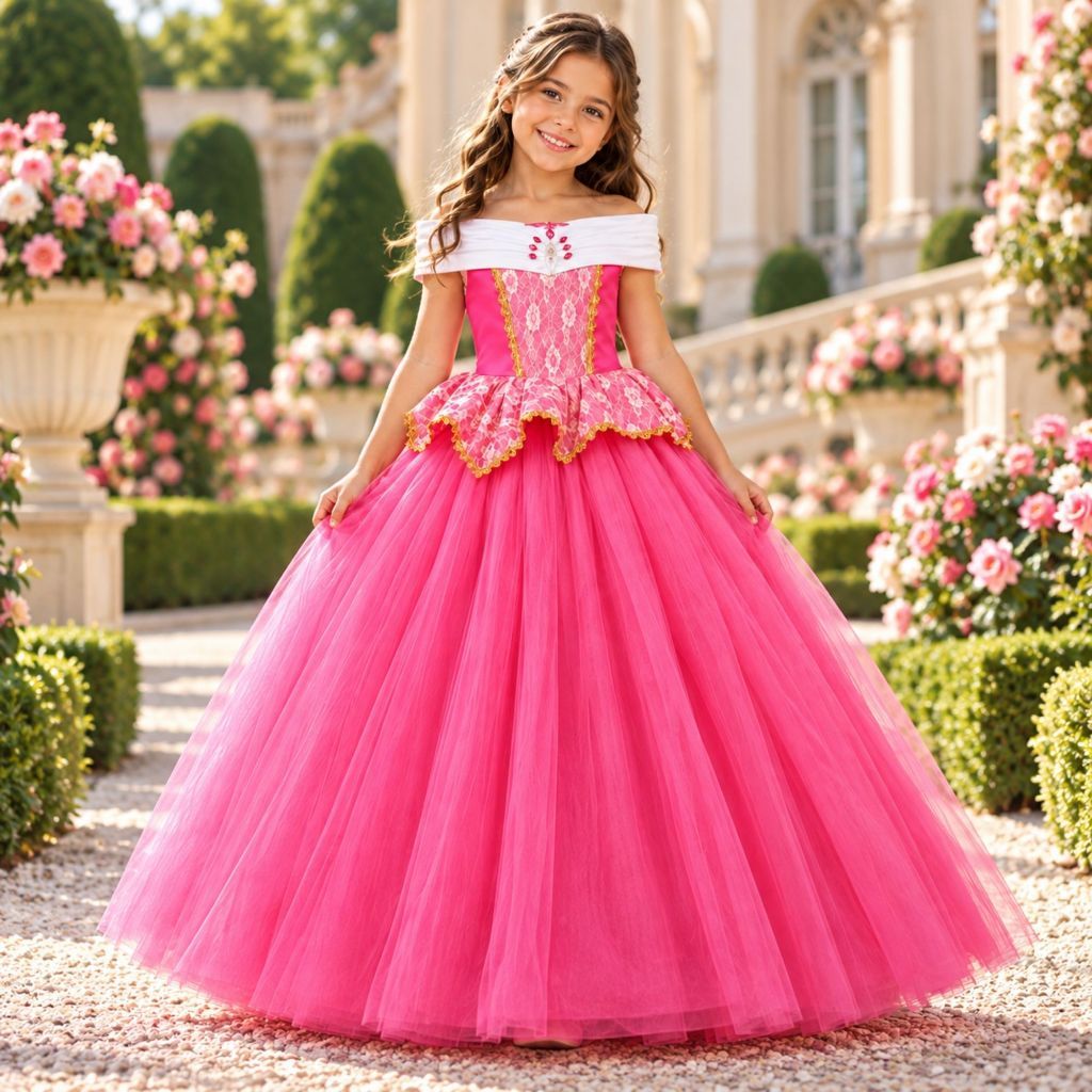 Fantasia Princesa Infantil Rosa Vestido Longo de Luxo com Tule para Festa Aniversário Carnaval