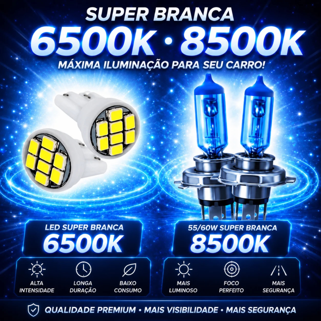 Imagem Lâmpada super branca h4 par + brinde Led lanterna  12v 55/65w