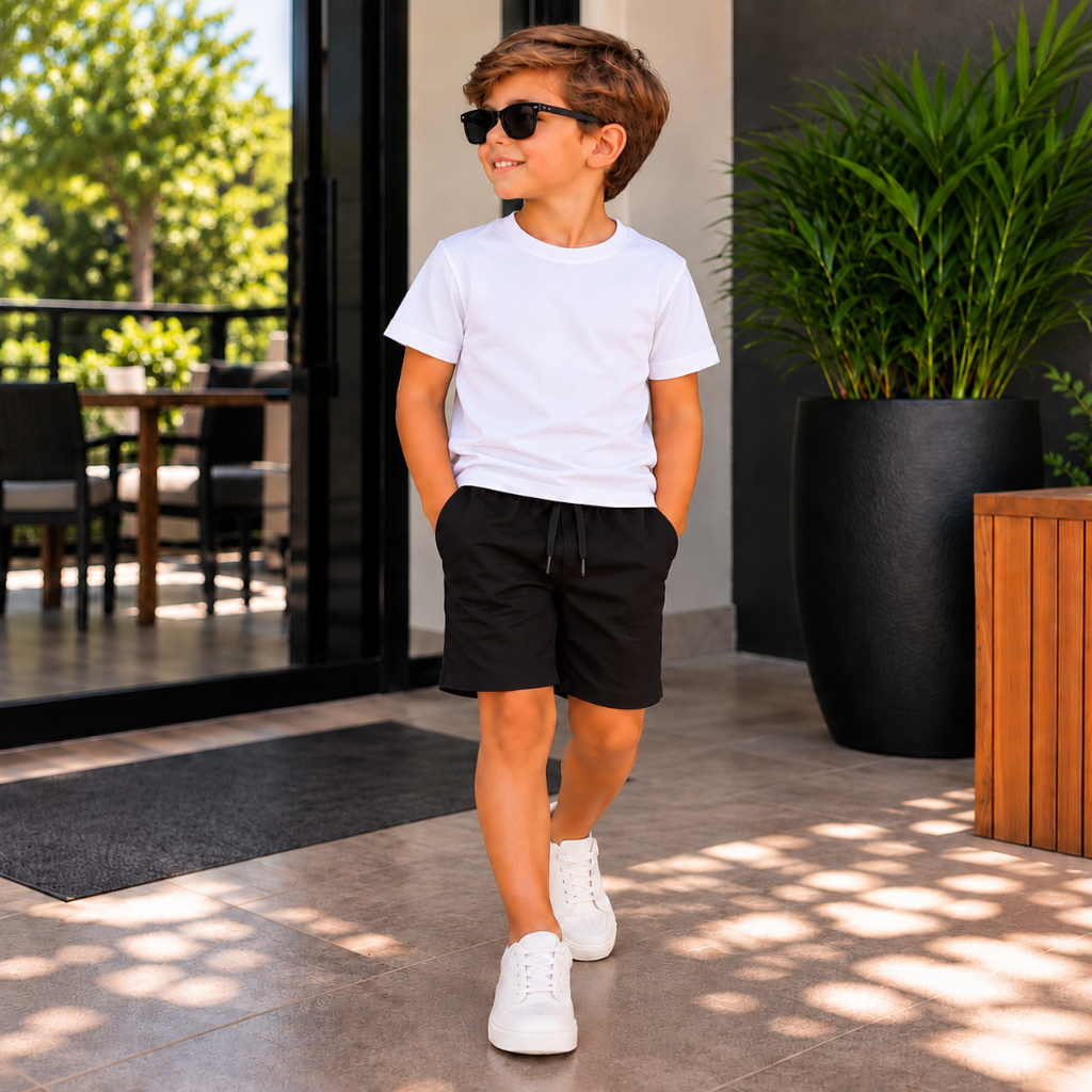 Conjunto Infantil Masculino Camiseta Básica 100% Algodão + Short Linho Confortável Elegante Casual Dia das Crianças