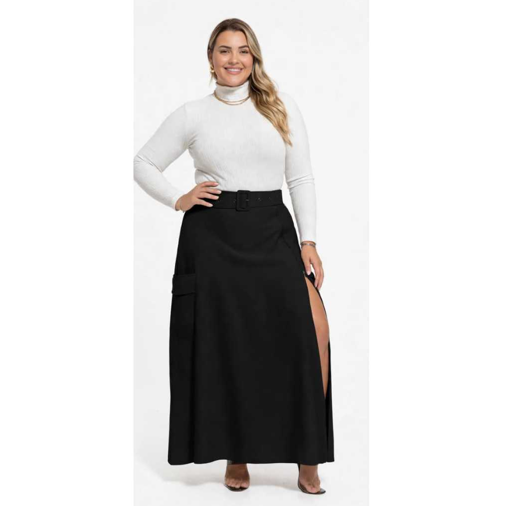 Saia Longa Plus Size Com Modelagem Reta E Cinto Embutido E Possui Uma Fenda Frontal Discreta com fechamento por zíper