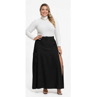 Saia Longa Plus Size Com Modelagem Reta E Cinto Embutido E Possui Uma Fenda Frontal Discreta com fechamento por zíper
