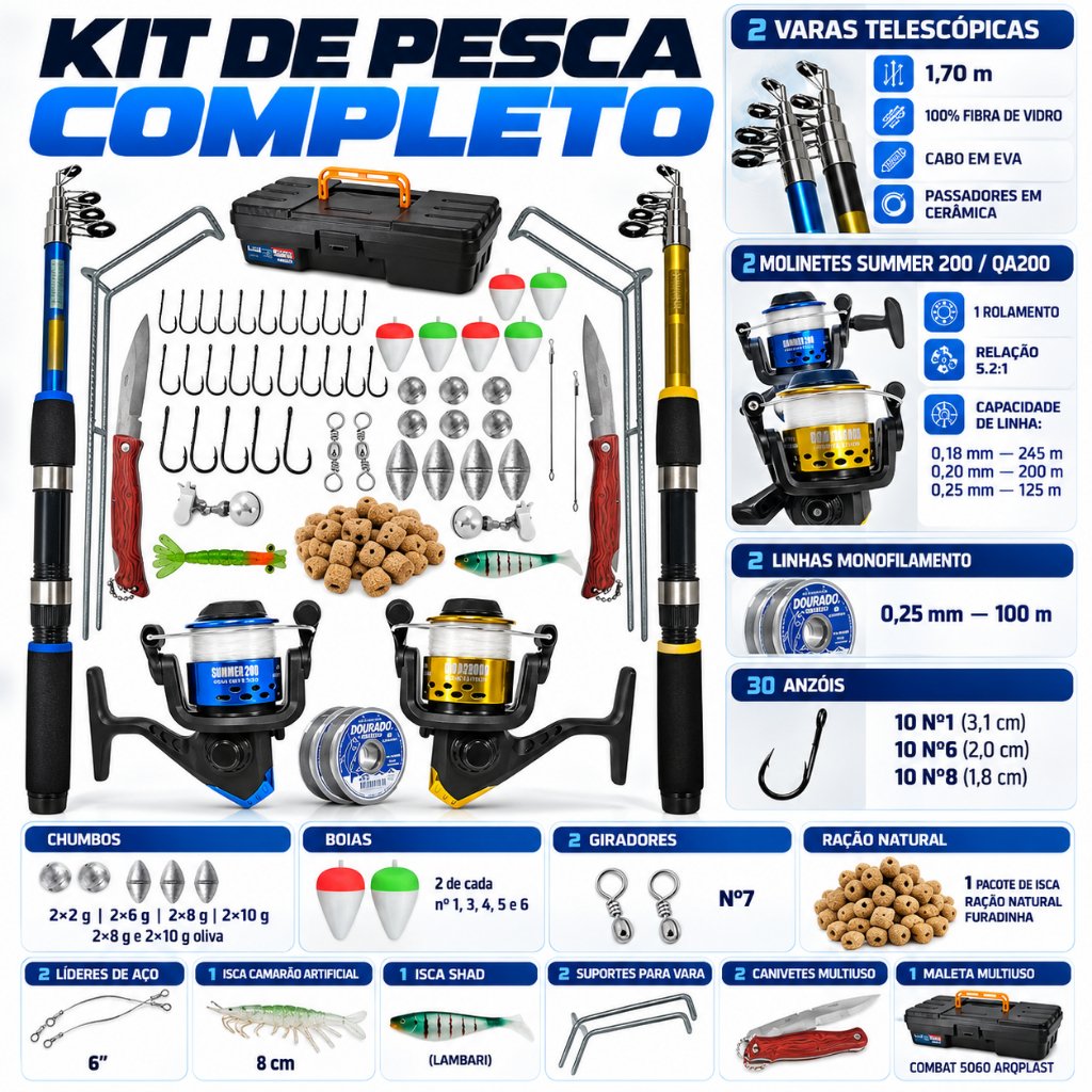 Kit De Pesca Completa 2 Varas Telescópica 2 Molinete E Itens · foto 2