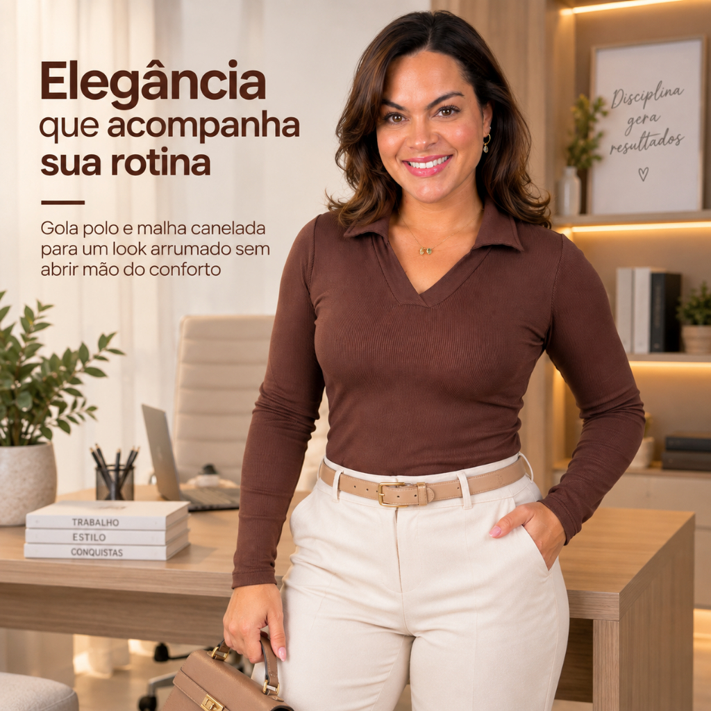Blusa Polo Feminina Manga Longa Canelada Premium Térmica Elegante Confortável Tendência 2026