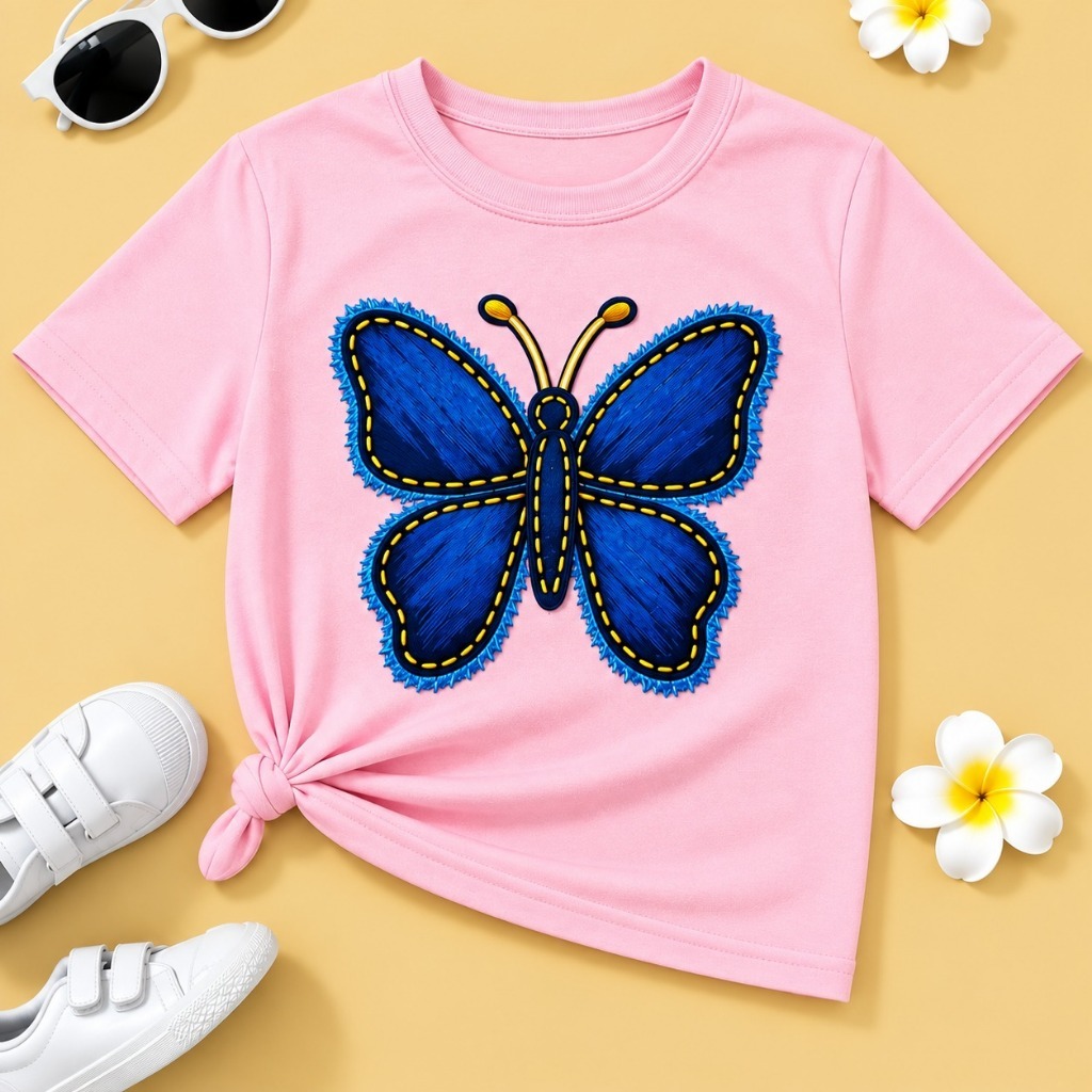 Camiseta Infantil Algodão - Estampa Borboleta Jeans Blusinha ideal para meninas