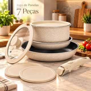 Jogo de Panelas Antiaderente 7 Peças Alça Removível Indução Gás Frigideira 20cm 26cm Panela 1,9L Tampa Vidro Bege Wincy