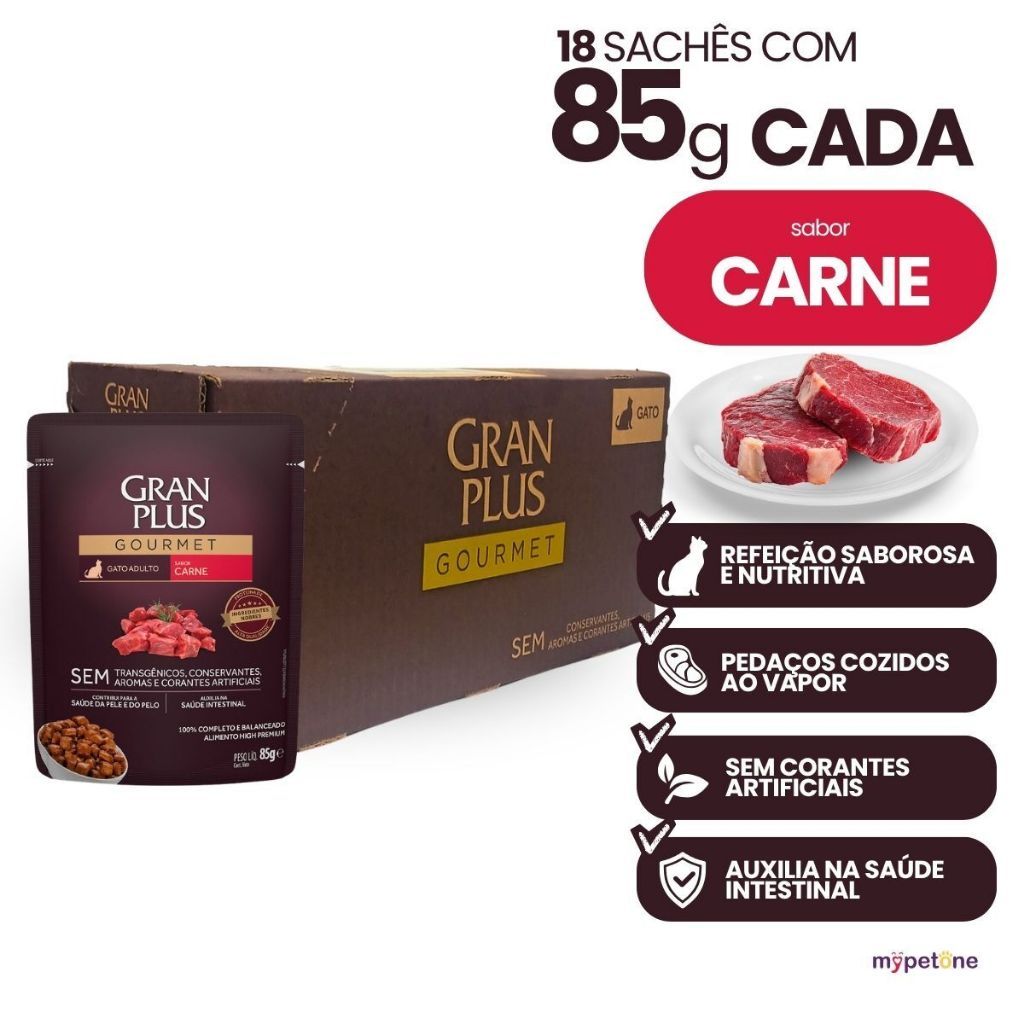 Ração Úmida Sachê Granplus Carne Gatos Adultos Caixa Com 18 Sachês - 85g