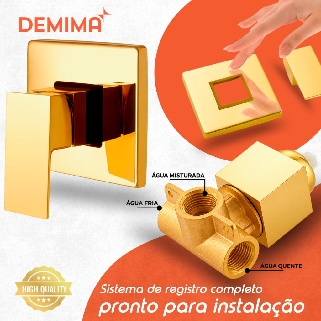 Registro Misturador Monocomando Completo Metal Aço Inox Quadrado Dourado Cromado Banheiro Box Chuveiro Ducha Demima