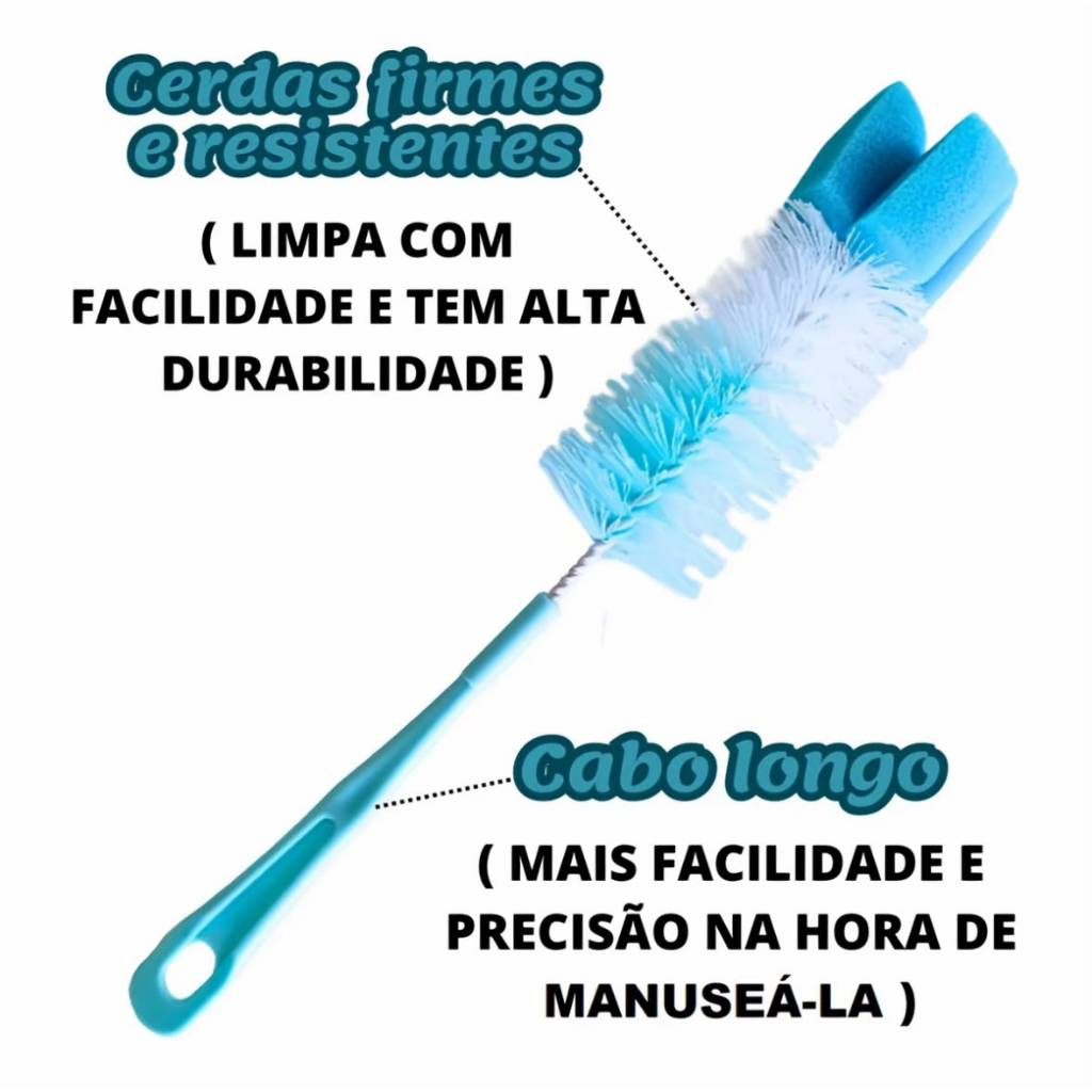 Escova Multiuso Limpa Garrafa Copo Squeeze 30cm com Cerdas de Nylon e Ponta de Espuma Envio Rapido