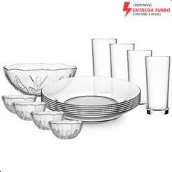 Aparelho de Jantar 19 Peças - Pratos Fundos, Copos 225ml, Tigelas 250ml e Saladeira 1,5L Em Vidro