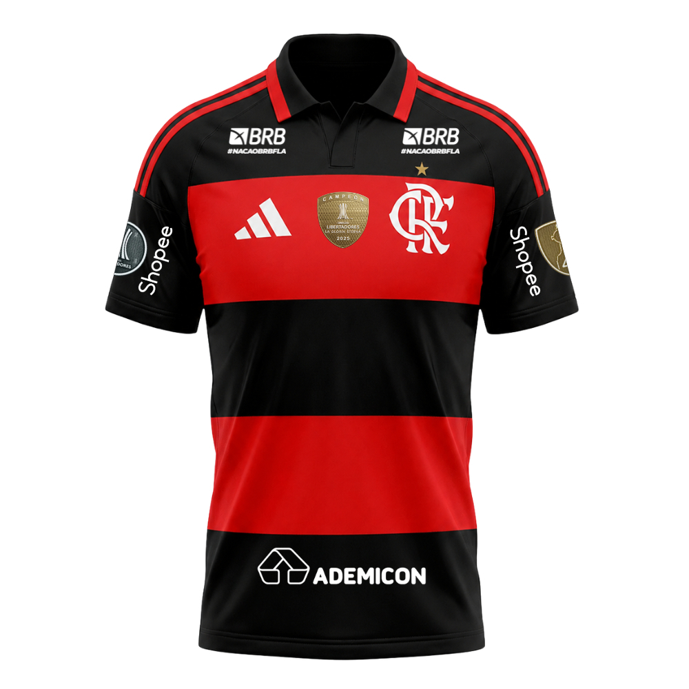 Manto Flamengo Masculina Jogo 1 Adidas 2026 - Kit Patrocínio + Kit Patchs CAMPÉON Libertadores 2025