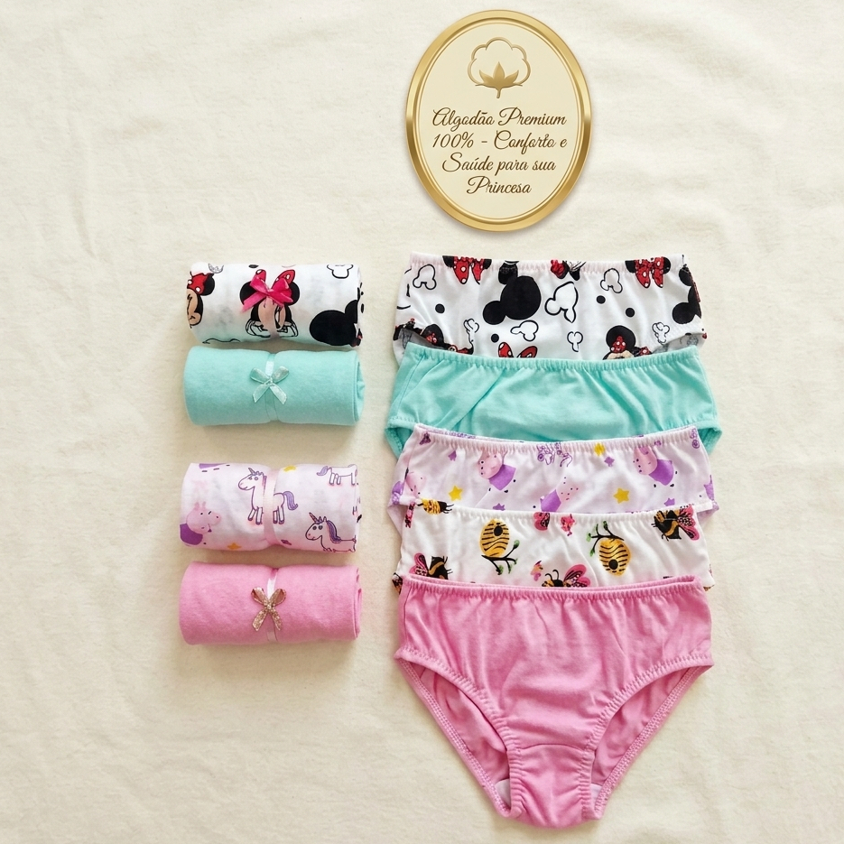 Kit 10 Calcinha Infantil 100% Algodão Menina Criança Anti-alérgica Confortável