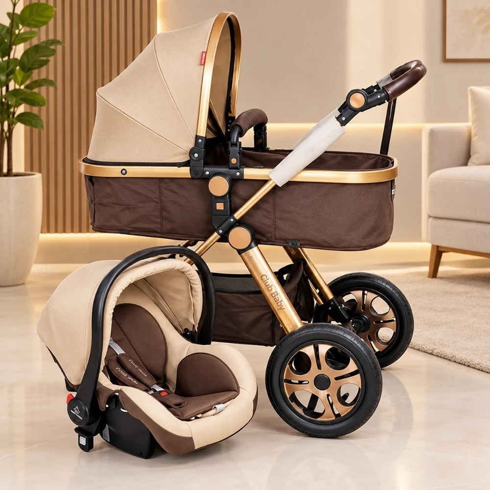 Kit 3 em 1 Carrinho Luxo + Bebê Conforto Marrom Selo Inmetro
