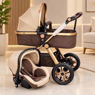 Kit 3 em 1 Carrinho Luxo + Bebê Conforto Marrom Selo Inmetro